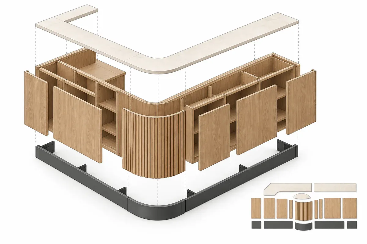 Vue éclatée conceptuelle du meuble montrant les panneaux, le plateau et le socle séparés.