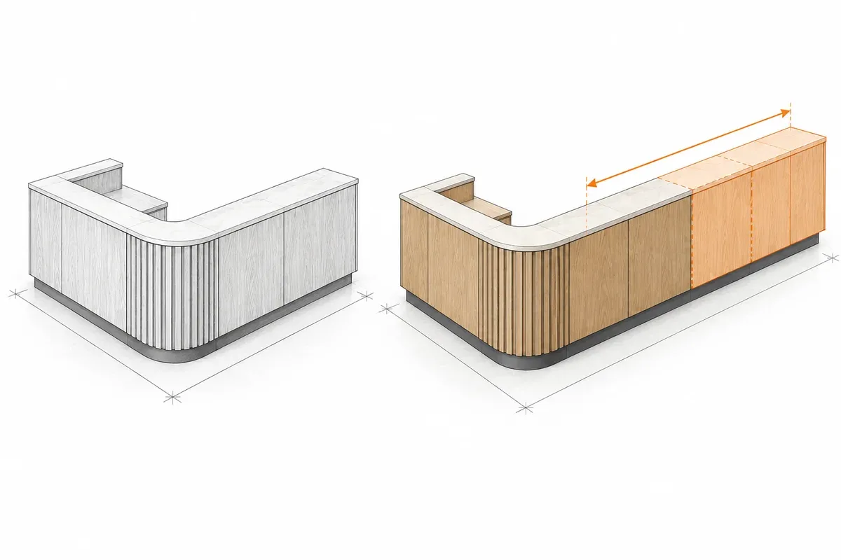 Comparaison du meuble initial et d’une version allongée, avec les éléments ajoutés en orange.