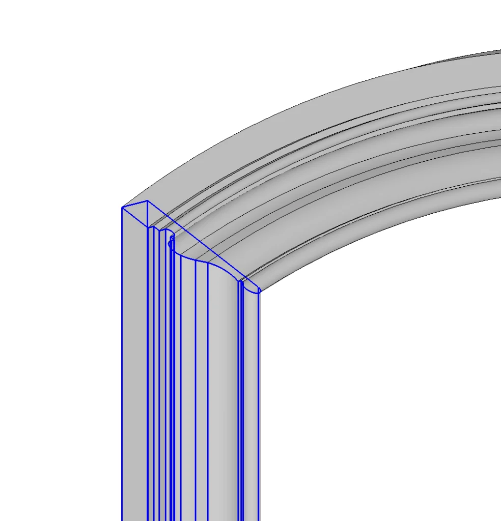 Cadre mouluré cintré avec coupe d’onglet en menuiserie, vue 3D du profil courbe