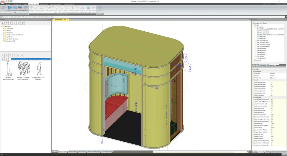 CAO 3D photobooth Snapchat avec cotations dans Aléker Designer pour le projet AMJ