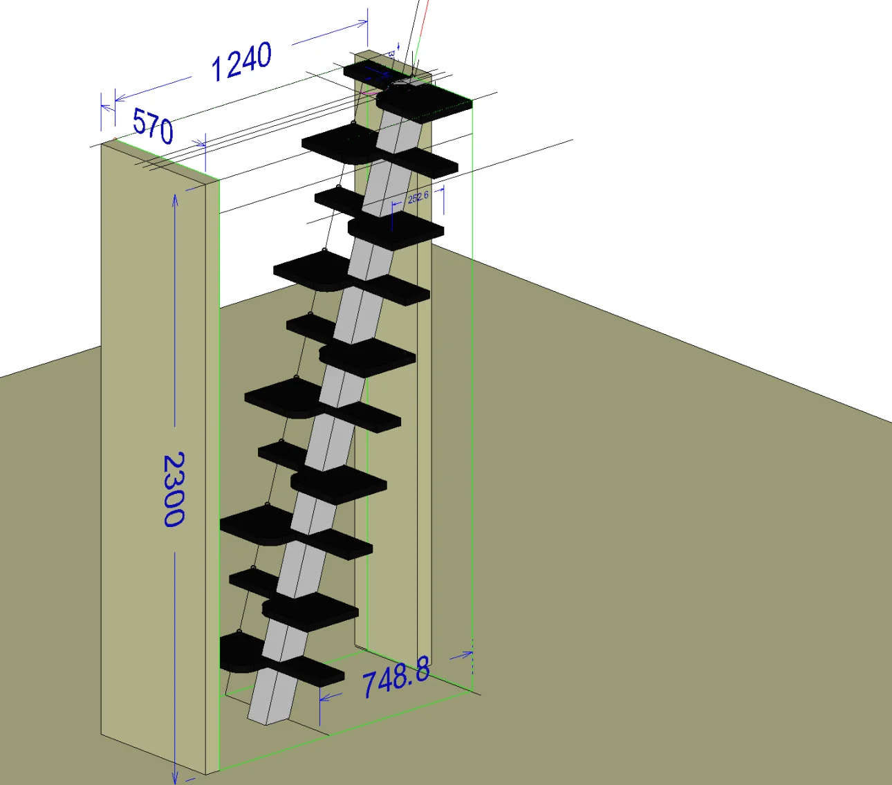 Afficher : Escalier de meunier ou escalier bateau en vue 3D cotée