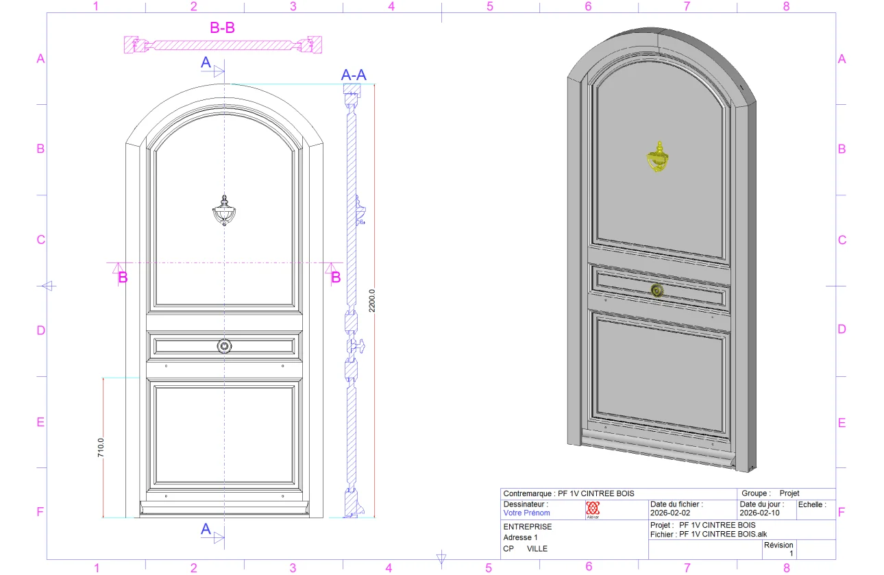 Afficher : Plan technique d’une porte d’entrée cintrée en bois